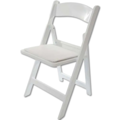 White padded folding chair available for rental